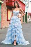 Azul sem alças Uma linha de lantejoulas Corset Tiered Long Prom Dress