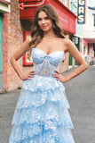 Azul sem alças Uma linha de lantejoulas Corset Tiered Long Prom Dress