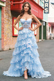 Azul sem alças Uma linha de lantejoulas Corset Tiered Long Prom Dress