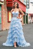 Azul sem alças Uma linha de lantejoulas Corset Tiered Long Prom Dress