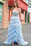 Azul sem alças Uma linha de lantejoulas Corset Tiered Long Prom Dress