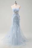 Sereia Azul Esparguete Correias Tulle Long Corset Prom Dress com flores 3D