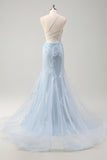 Sereia Azul Esparguete Correias Tulle Long Corset Prom Dress com flores 3D