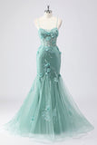 Espartilho de Sereia Verde Flores 3D Tamanho Plus Long Vestido de Baile com Renda nas Costas