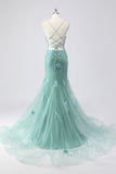 Espartilho de Sereia Verde Flores 3D Tamanho Plus Long Vestido de Baile com Renda nas Costas