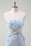 Sereia Azul Esparguete Correias Tulle Long Corset Prom Dress com flores 3D