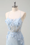 Sereia Azul Esparguete Correias Tulle Long Corset Prom Dress com flores 3D