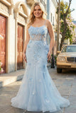 Vestido de baile longo de finalistas com espartilho Blue Mermaid Corset, Tule, tamanho grande, com flores 3D
