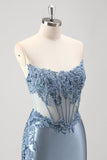 Sparkly cinza azul sereia frisado strapless metalizado vestido de baile com fenda