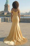 Vestido comprido de baile de baile de sereia de cetim com lantejoulas dourado e brilhante,