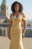 Vestido comprido de baile de baile de sereia de cetim com lantejoulas dourado e brilhante,