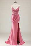 Sereia Cetim Sequined Corset Coral Long Prom Dress com Fenda