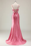 Sereia Cetim Sequined Corset Coral Long Prom Dress com Fenda