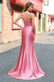 Sereia Cetim Sequined Corset Coral Long Prom Dress com Fenda