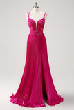 Fuchsia Bainha Esparguete Correias Plissado Longo Espartilho Vestido de Baile com Apliques