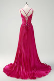 Fuchsia Bainha Esparguete Correias Plissado Longo Espartilho Vestido de Baile com Apliques