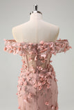 Blush sereia fora do ombro fenda longo vestido de baile com flores 3D