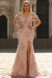 Flores 3D Blush Vestido de Baile de Finalistas 3D Sereia Ombro Descoberto Longo Plus Size com Fenda