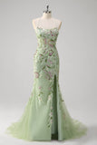 Sereia Verde Halter Corset Appliqued Long Prom Dress With Slit