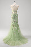 Sereia Verde Halter Corset Appliqued Long Prom Dress With Slit