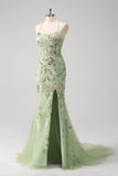 Sereia Verde Halter Corset Appliqued Long Prom Dress With Slit