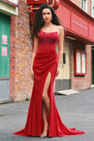 Miseia sem alças Corset Long Red Prom Dress com fenda