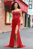 Miseia sem alças Corset Long Red Prom Dress com fenda