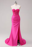 Sereia Applique Espartilho sem alças Long Fuchsia Prom Dress com Fenda