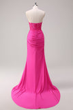 Sereia Applique Espartilho sem alças Long Fuchsia Prom Dress com Fenda