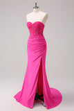 Corset Fuchsia Sereia Strapless Ruched Corset Long Prom Dress with Slit