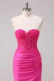 Corset Fuchsia Sereia Strapless Ruched Corset Long Prom Dress with Slit