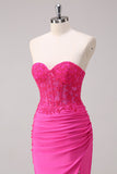 Corset Fuchsia Sereia Strapless Ruched Corset Long Prom Dress with Slit