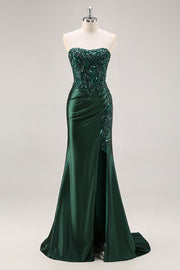 Vestido de Baile Longo Sem Alças em Verde Escuro Brilhante com Lantejoulas