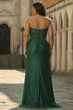 Vestido de baile de finalistas longo, sereia verde-escura e lantejoulas longa plus size com fenda
