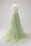 Verde Sequined A Line Tulle Applique Corset Long Prom Dress with Slit