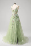 Verde Sequined A Line Tulle Applique Corset Long Prom Dress with Slit