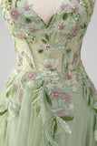 Verde Sequined A Line Tulle Applique Corset Long Prom Dress with Slit