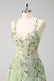 Verde Sequined A Line Tulle Applique Corset Long Prom Dress with Slit