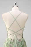 Verde Sequined A Line Tulle Applique Corset Long Prom Dress with Slit