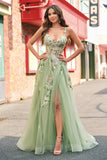 Verde Sequined A Line Tulle Applique Corset Long Prom Dress with Slit