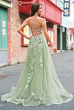Verde Sequined A Line Tulle Applique Corset Long Prom Dress with Slit