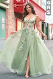 Verde A Line Tulle Sequin Applique Corset Long Prom Dress with Slit