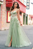 Verde A Line Tulle Sequin Applique Corset Long Prom Dress with Slit