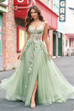 Verde A Line Tulle Sequin Applique Corset Long Prom Dress with Slit