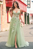 Verde A Line Tulle Sequin Applique Corset Long Prom Dress with Slit