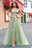 Verde A Line Tulle Sequin Applique Corset Long Prom Dress with Slit