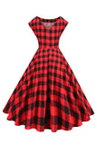 Vestido vermelho e preto xadrez A-Line V-neck dos anos 1950