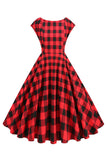 Vestido vermelho e preto xadrez A-Line V-neck dos anos 1950