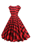 Vestido vermelho e preto xadrez A-Line V-neck dos anos 1950