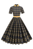 Preto xadrez A-Line Peter Pan Collar Midi Vestido dos anos 1950